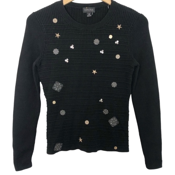 Carlisle Collection Black Embellished Metallic Night Sky Long Sleeve Sweater - Picture 1 of 5